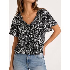 H&M 100% Cotton Floral Peasant Blouse Black 3XL Cottagecore Boho Puff Sleeve Top